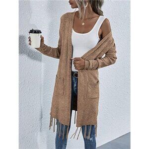 Open Front Fringe Longline Cardigan with Pockets